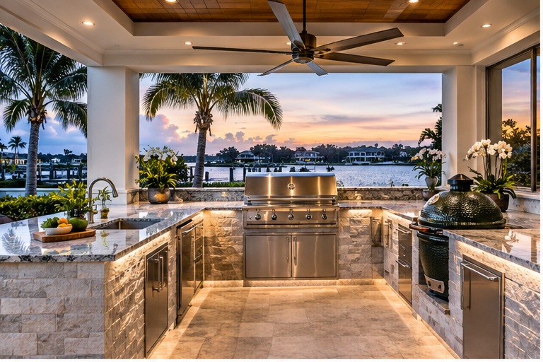 Upscale coastal outdoor kitchen and entertaining area
