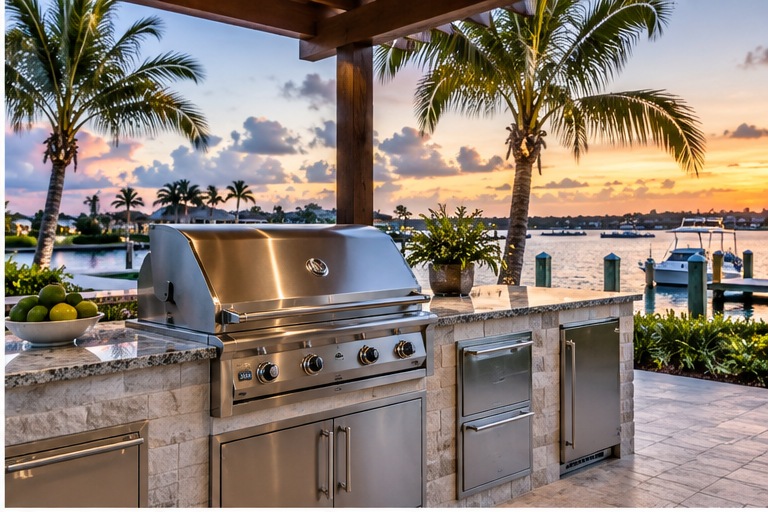 Upscale coastal outdoor kitchen and entertaining area