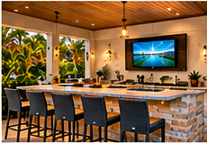 Covered outdoor bar in a coastal Florida outdoor living setting — illustrative design image