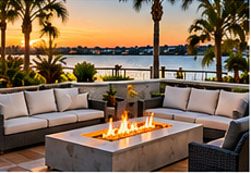Waterfront lounge and fire feature in a coastal Florida outdoor living setting — illustrative design image